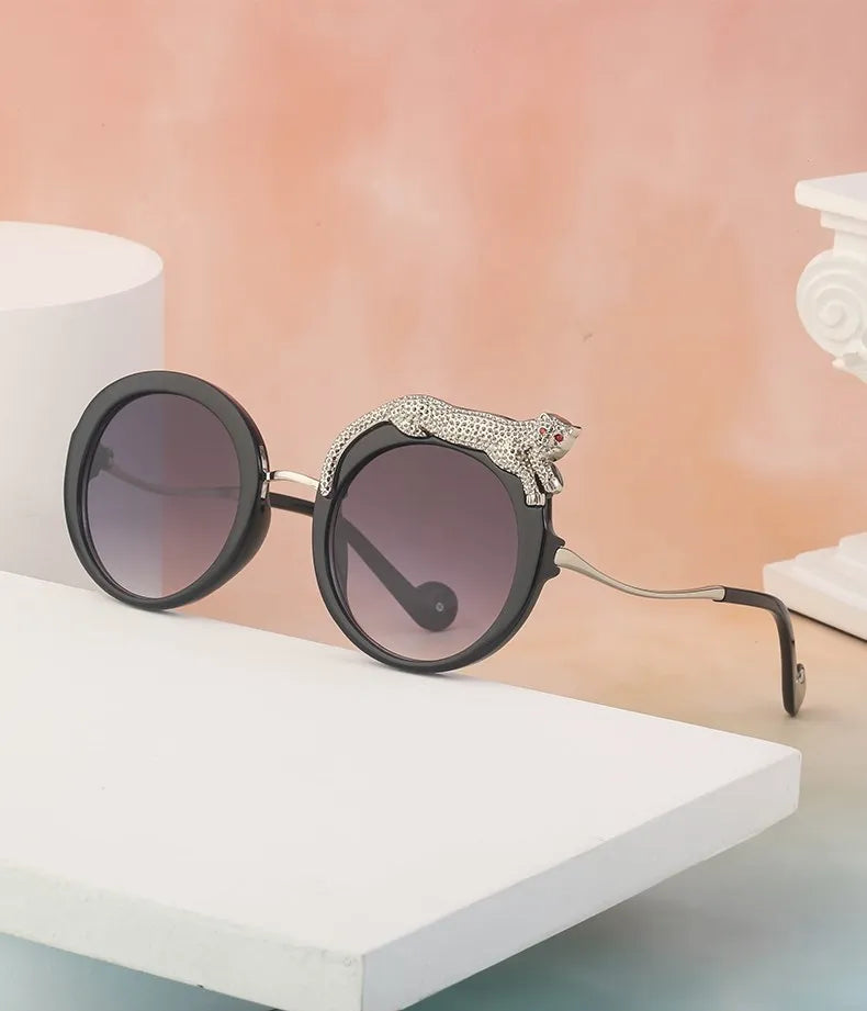Oversized Round Sunglasses Women Big 2026 Luxury Brand Crystal Leopard-Shaped Sun Glasses for Ladies Anti Blue Light Eyeglasses