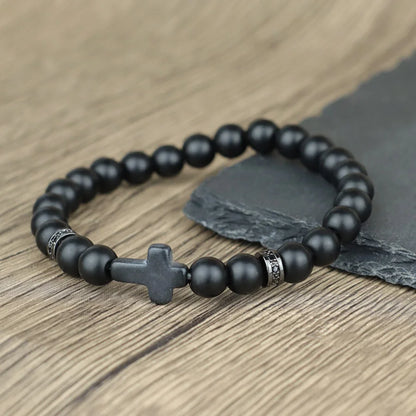 Men Crucifix Beaded Bracelet Onyx White Howlite Healing Braclet Charms Natural Stone Prayer Wristbands Stretch Religious Jewelry