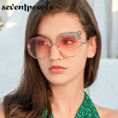 Oversized Round Sunglasses Women Big 2026 Luxury Brand Crystal Leopard-Shaped Sun Glasses for Ladies Anti Blue Light Eyeglasses