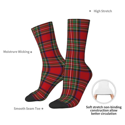 Funny Tartan Clan Stewart Plaid Black Red Check Football Socks Polyester Middle Tube Socks for Unisex Sweat Absorbing