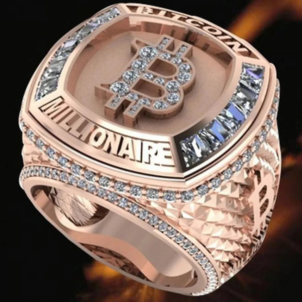 Luxurious Bitcoin Commemorative Ring Creative Metal Punk Hip-hop Rock Trend Men's and Women's Ring Party Light Luxury Gift