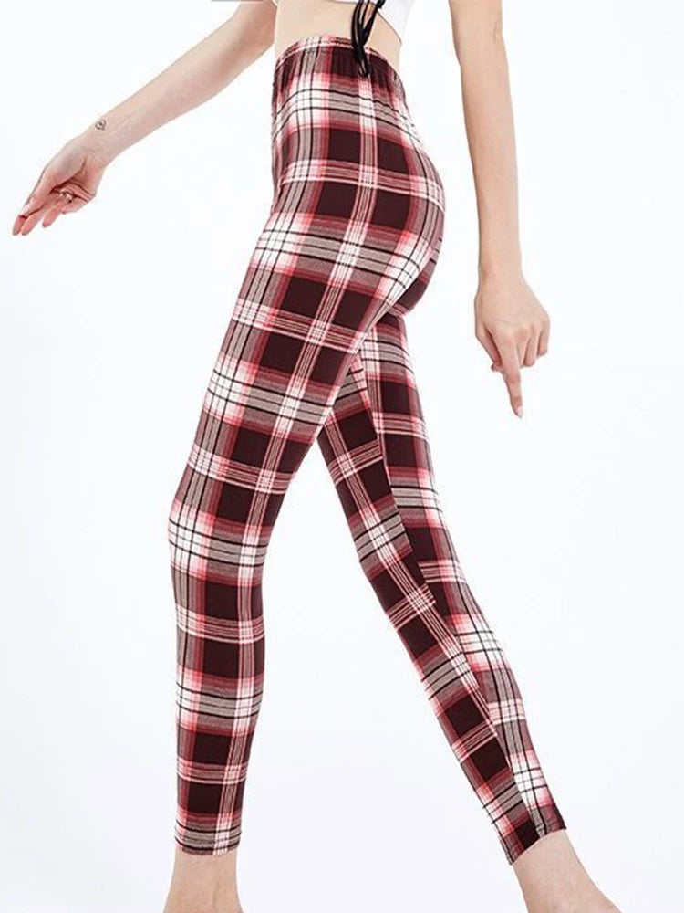 CUHAKCI Fashion Plaid Printing Leggings Women Sexy Fitness Leggins Grid Floral Stripe Trousers High Waist Pencil Pants