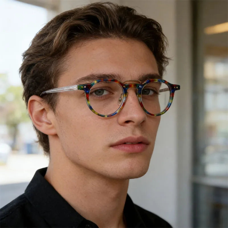 KSVEREN Vintage Acetate Frame Reading Glasses Men Women Fashion Round Rivet Optical Glasses Transparent Prescription Spectacles