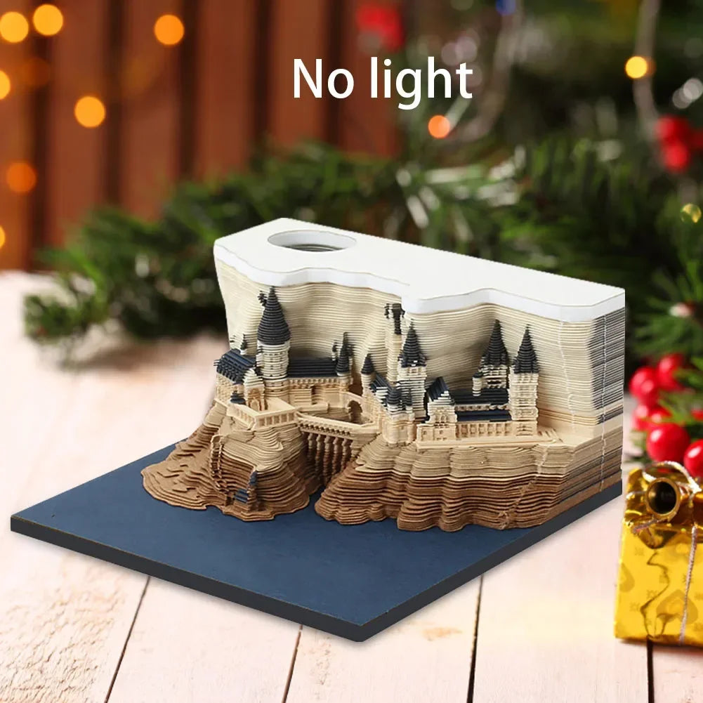 3D Castle Paper Sculpture Desk Calendar Meopad Magic Castle Memo Pad Tear-Away Notepad DIY Craft Gifts for Home Office School