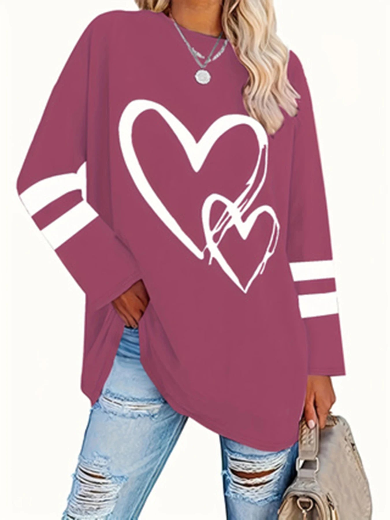 Plus Size eyelet hollow solid  heart-shaped printed long-sleeved top autumn and winter women's casual T-shirt with light stretch