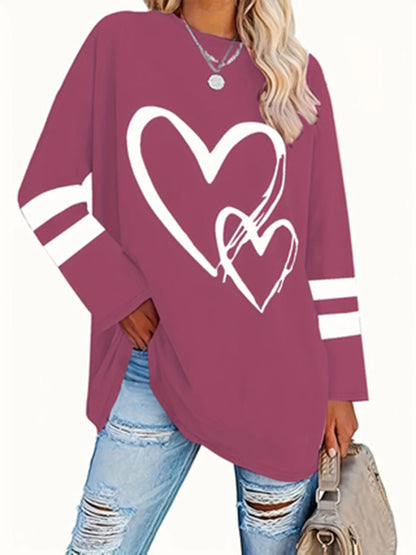 Plus Size eyelet hollow solid  heart-shaped printed long-sleeved top autumn and winter women's casual T-shirt with light stretch