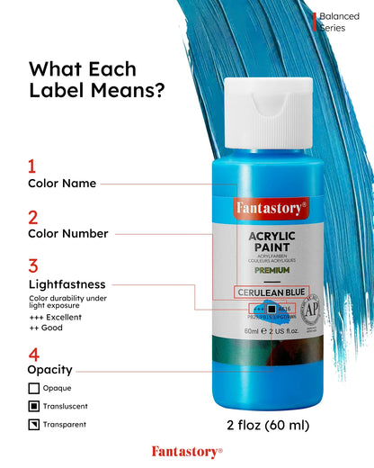 Fantastory Acrylic Paint Set - 24 Colors 2oz Each + 12 Professional Brushes, Ideal for Canvas, Glass, Wood, Ceramics & Models