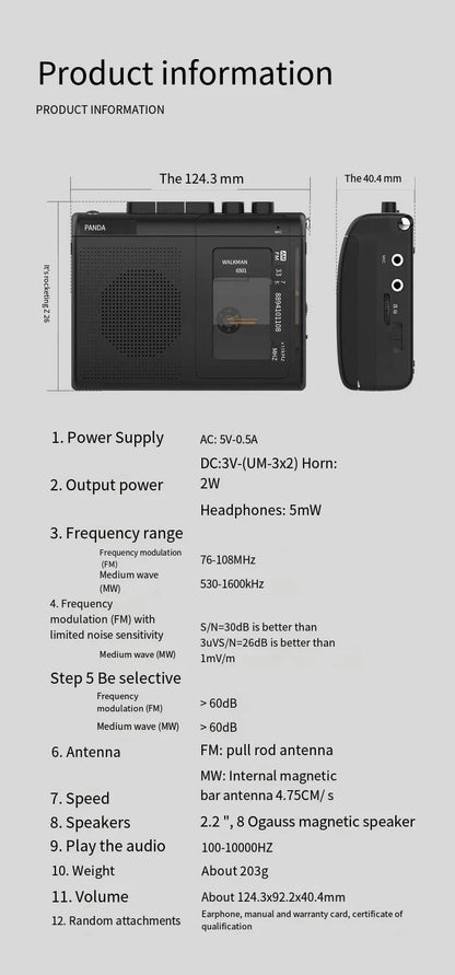 Portable Tape AM/FM Radio Retro Cassette Music Player Walkman Tape Recorders With Loudspeaker Support 3.5mm Headphone Play