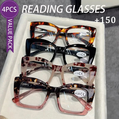 4-piece set of fashionable tortoiseshell frame presbyopia reading glasses, lightweight presbyopia reading glasses for middle-age