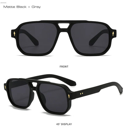 SO&EI Vintage Double Bridges Men Square Sunglasses Fashion Clear Ocean Lens Eyewear Women Trending Rivets Sun Glasses UV400
