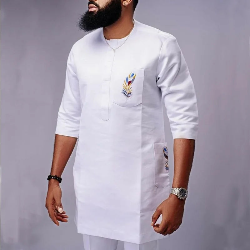 African Muslim Men Wedding Suit 2 Piece Set Long Sleeve Round Neck Top and Pants Traditional Style