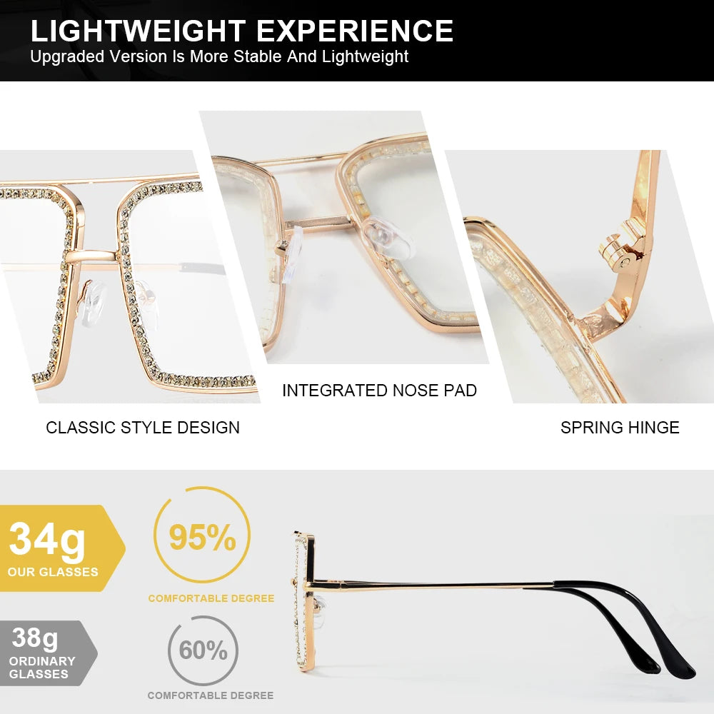 CRIXALIS Casual Square Large Frame Women’s Glasses Decorative Glasses Daily Life Bare-faced Glasses With Drill Design Decorative