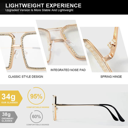 CRIXALIS Casual Square Large Frame Women’s Glasses Decorative Glasses Daily Life Bare-faced Glasses With Drill Design Decorative