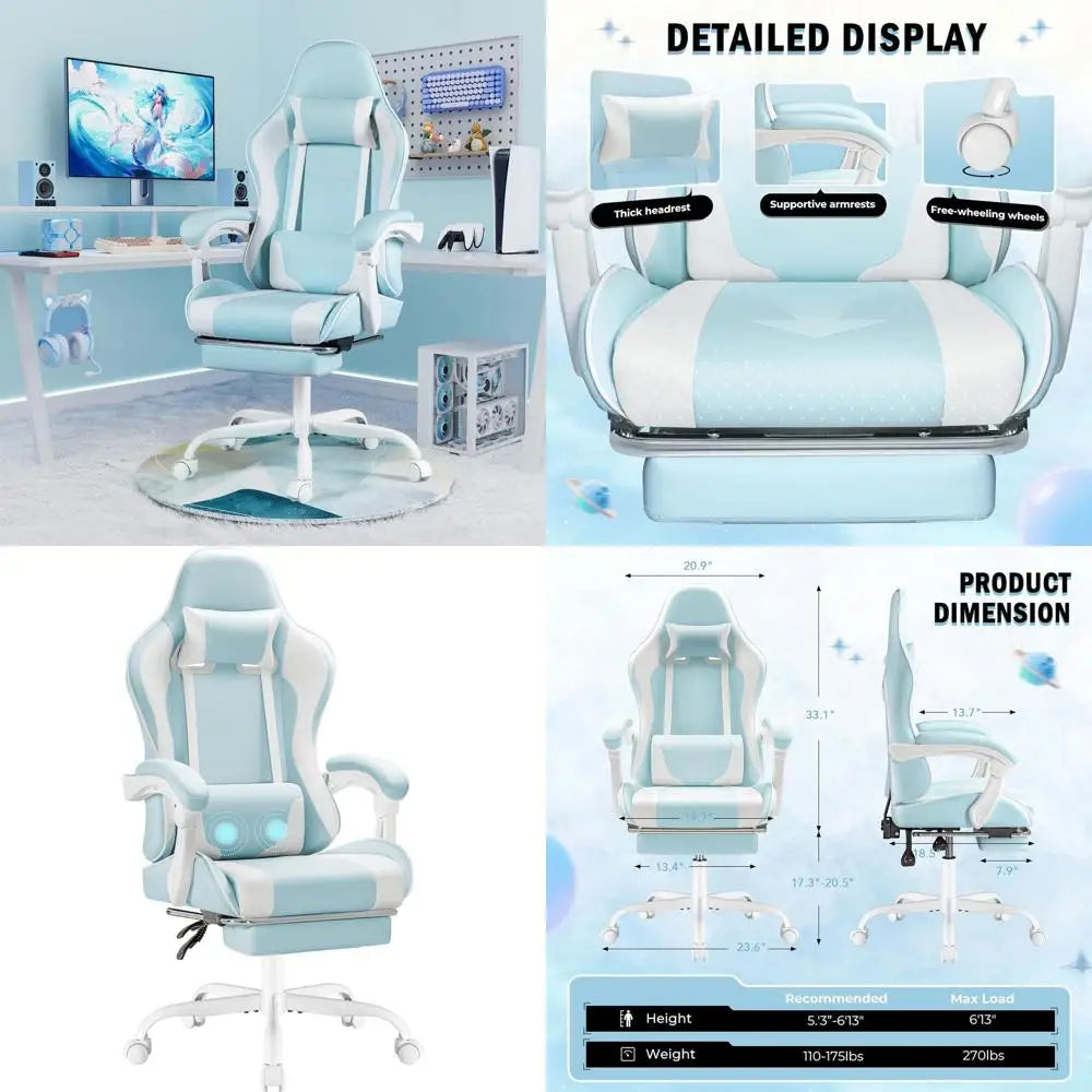 Ergonomic Swivel Gaming Chair with Lumbar Massage, Adjustable Height, and Ottoman (Light Blue)