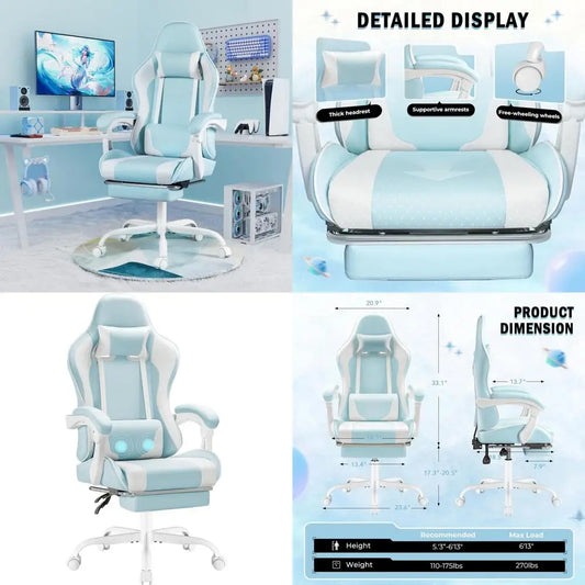 Ergonomic Swivel Gaming Chair with Lumbar Massage, Adjustable Height, and Ottoman (Light Blue)