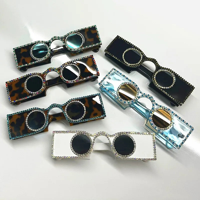 Unique Hand Diamond Square Women Sunglasses Luxury Rhinestone Small Round Lens Shades Female New Wide Legs Sun Glasses Men UV400