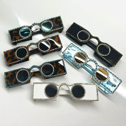 Unique Hand Diamond Square Women Sunglasses Luxury Rhinestone Small Round Lens Shades Female New Wide Legs Sun Glasses Men UV400