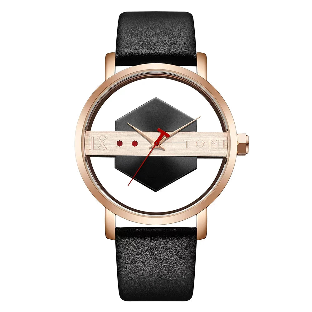 TOMI Fashionable and Minimalist Men's Leather Watch Strap Personalized Hollow Perspective Glass Bottom Cover Quartz Watch