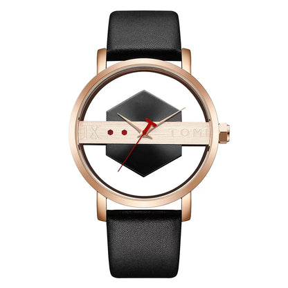 TOMI Fashionable and Minimalist Men's Leather Watch Strap Personalized Hollow Perspective Glass Bottom Cover Quartz Watch