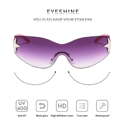 New Y2K Rimless Punk Sunglasses Goggle Women Men Luxury Brand Wrap Around Sun Glasses Five Star Eyewear Sports One Piece Shades