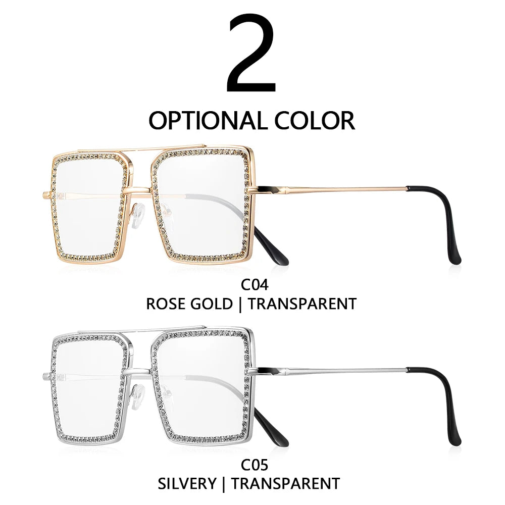 CRIXALIS Casual Square Large Frame Women’s Glasses Decorative Glasses Daily Life Bare-faced Glasses With Drill Design Decorative