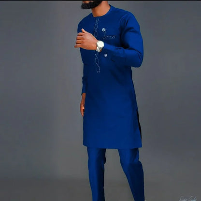 African Muslim Men Wedding Suit 2 Piece Set Long Sleeve Round Neck Top and Pants Traditional Style