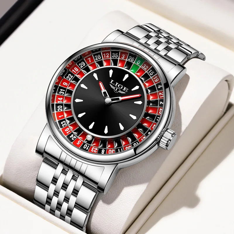 LIGE Creative Golden Mens Watches Roulette Game Dial Fashion Man Watch Waterproof Luminous Quartz Wristwatches Rolling Ball+Box