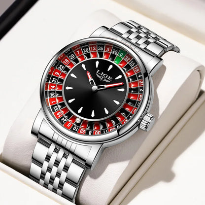 LIGE Creative Golden Mens Watches Roulette Game Dial Fashion Man Watch Waterproof Luminous Quartz Wristwatches Rolling Ball+Box