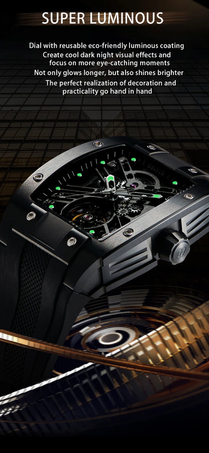 OBLVLO Top Brand Men Automatic Mechanical Watch Skeleton Luminous Wine Barrel Carbon Fiber Case Rubber Strap Waterproof EM