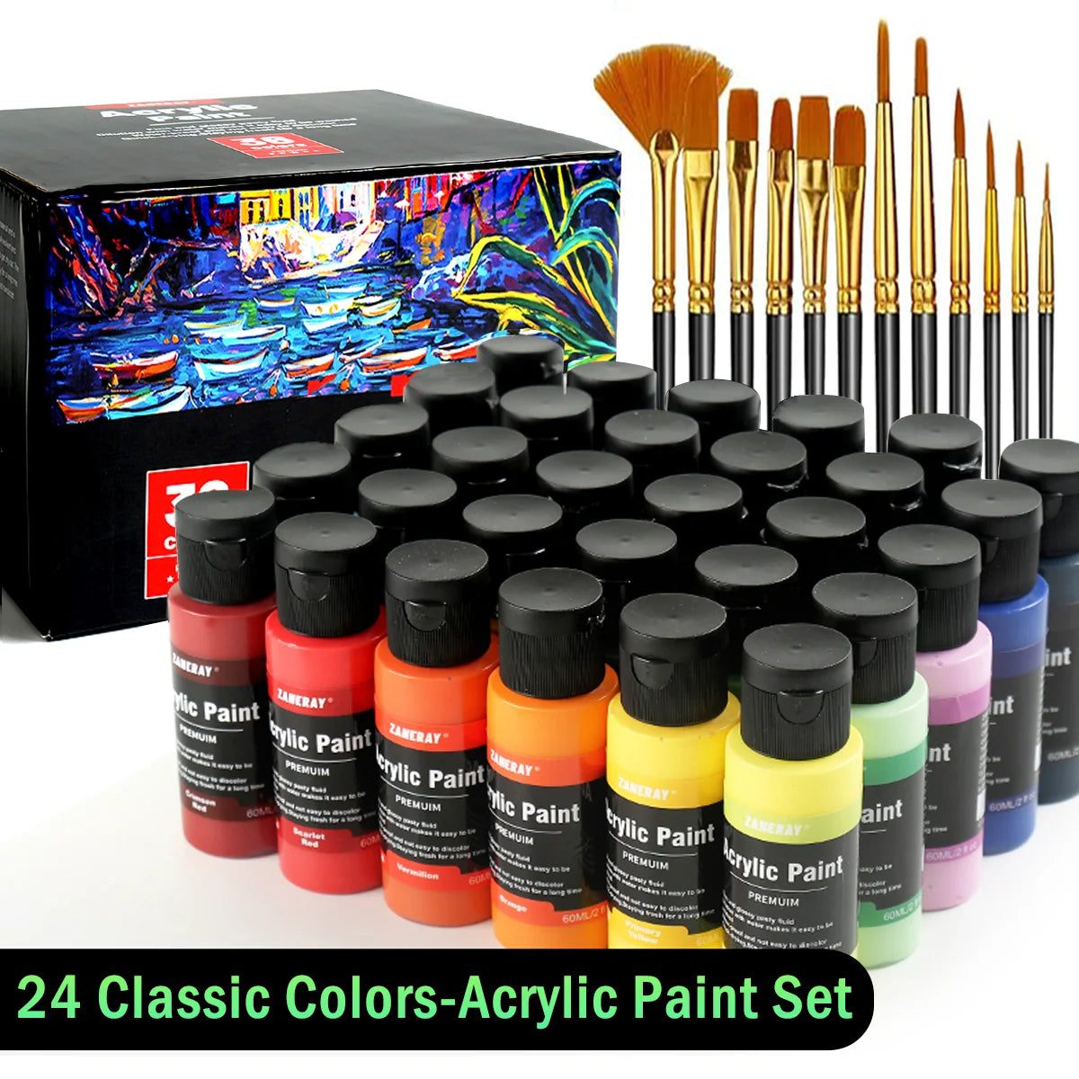 24 Colors Acrylic Paint Set (2oz) - Professional Craft Paint Kit With 12 Brushes For Canvas/Rock/Ceramic/Wood