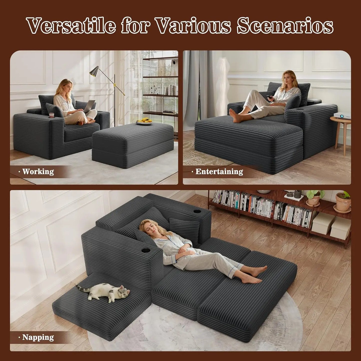 52" Boneless Chaise Lounge Chair Indoor — Oversized Cloud-Like Cozy Comfy Modular 3-in-1 Sofa Bed for Reading,, Customized