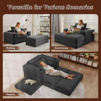 52" Boneless Chaise Lounge Chair Indoor — Oversized Cloud-Like Cozy Comfy Modular 3-in-1 Sofa Bed for Reading,, Customized