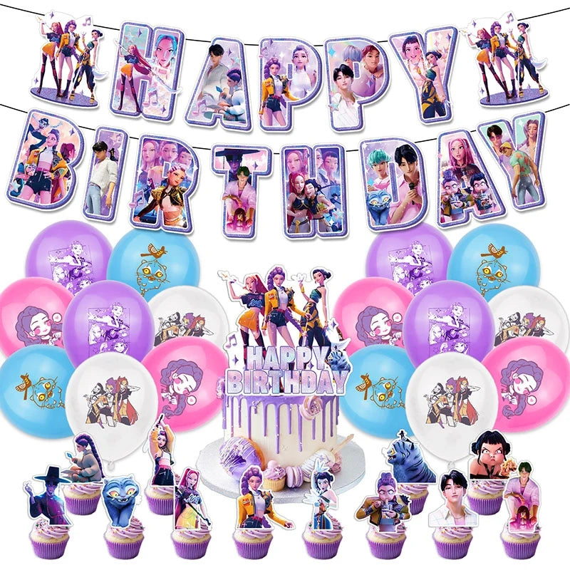 Kpop Birthday Party Decoration Tableware Set Birthday Party Supplies Balloons Cake Topper Hanging Flag Cups K-pop Party Decor