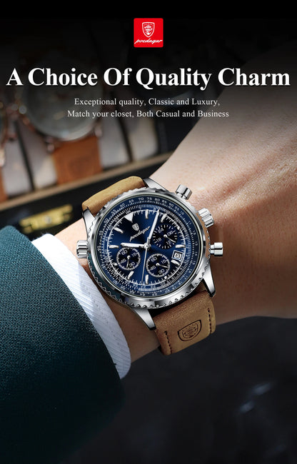 POEDAGAR Original Men's Clock Chronograph Date Waterproof Luminous Luxury Male Wristwatch Fashion Leather Quartz Watches For Man