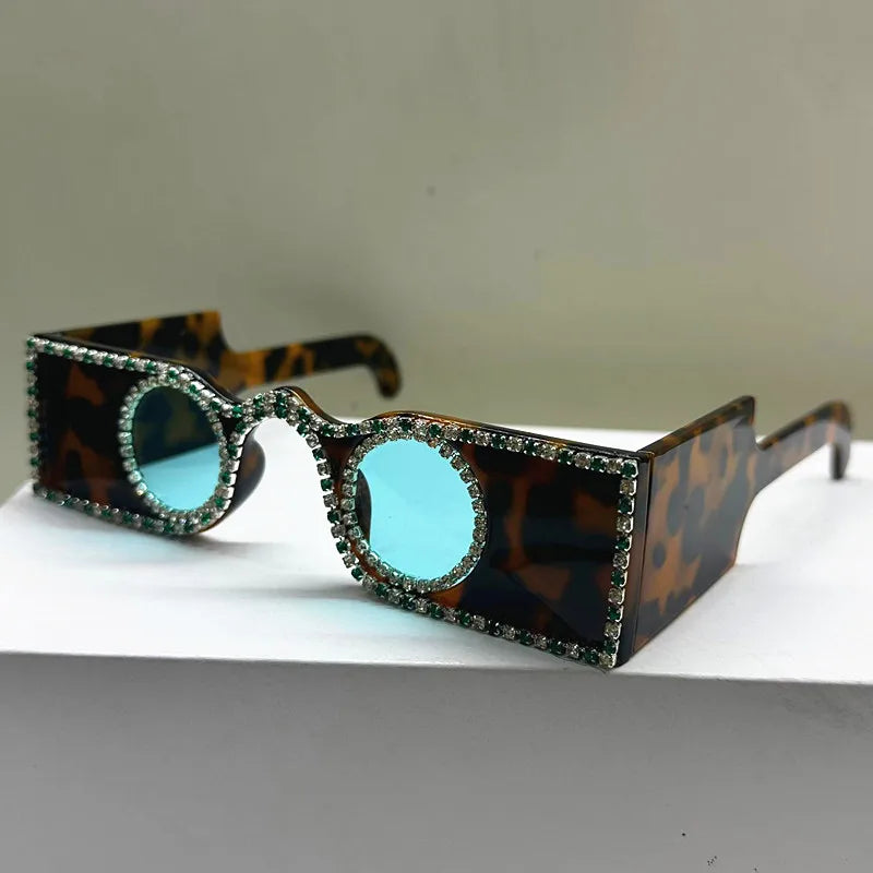 Unique Hand Diamond Square Women Sunglasses Luxury Rhinestone Small Round Lens Shades Female New Wide Legs Sun Glasses Men UV400