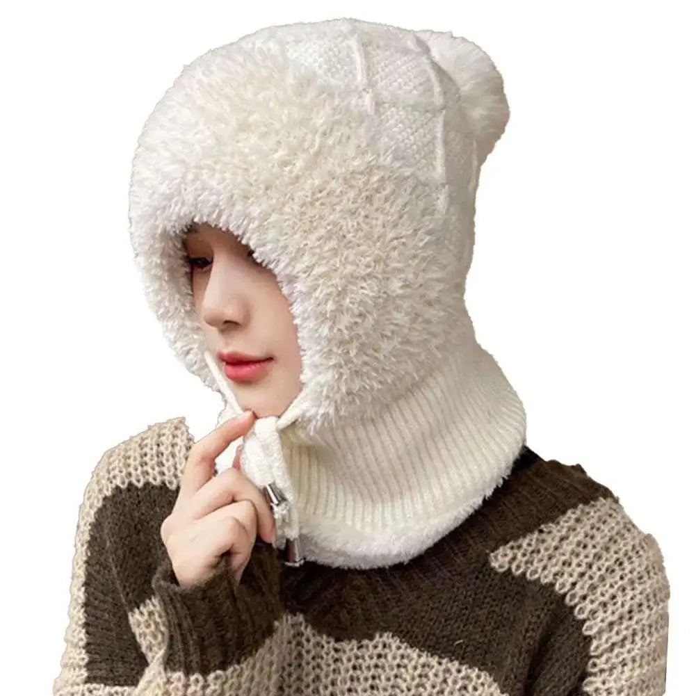 Women Winter Velvet Knitted Woolen Balaclava Hat Ear Protection fluffy Hat Mask Neck Integrated Warmth Cover Hat lady hooded cap