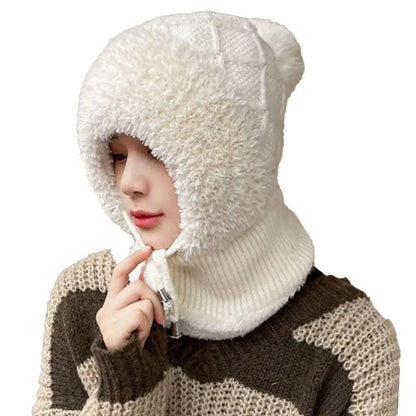 Women Winter Velvet Knitted Woolen Balaclava Hat Ear Protection fluffy Hat Mask Neck Integrated Warmth Cover Hat lady hooded cap