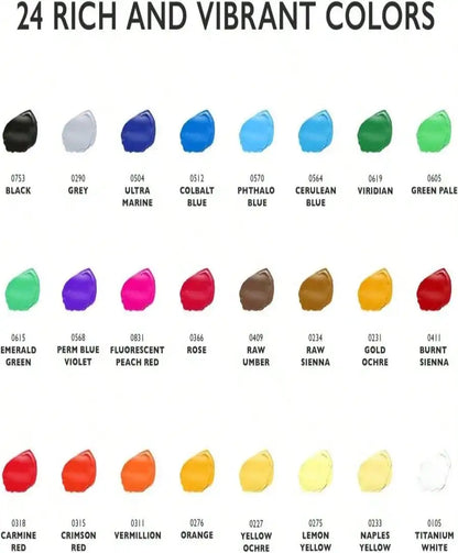 24 Colors Acrylic Paint Set (12ml/0.41oz) with 3 Brushes, Art Paints for Canvas Wood Rock Fabric & More