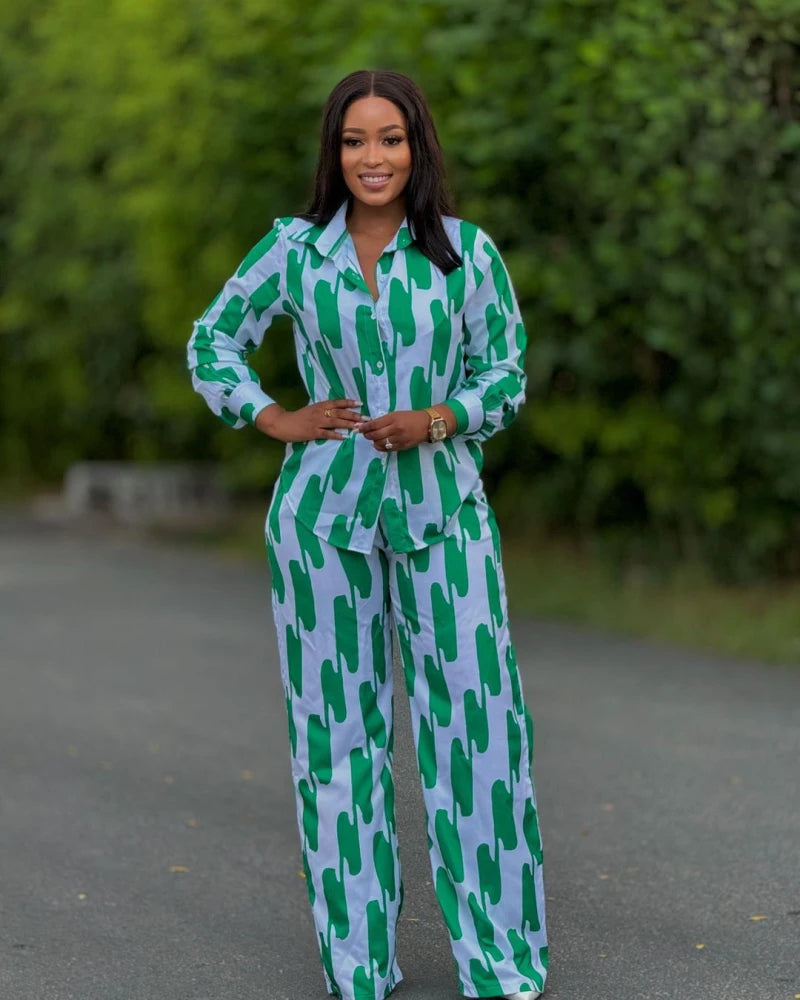African Fashion Stripe Printed Two Piece Set Women Spring Autumn Casual Button Long Sleeved Shirt Wide Leg Pants Set