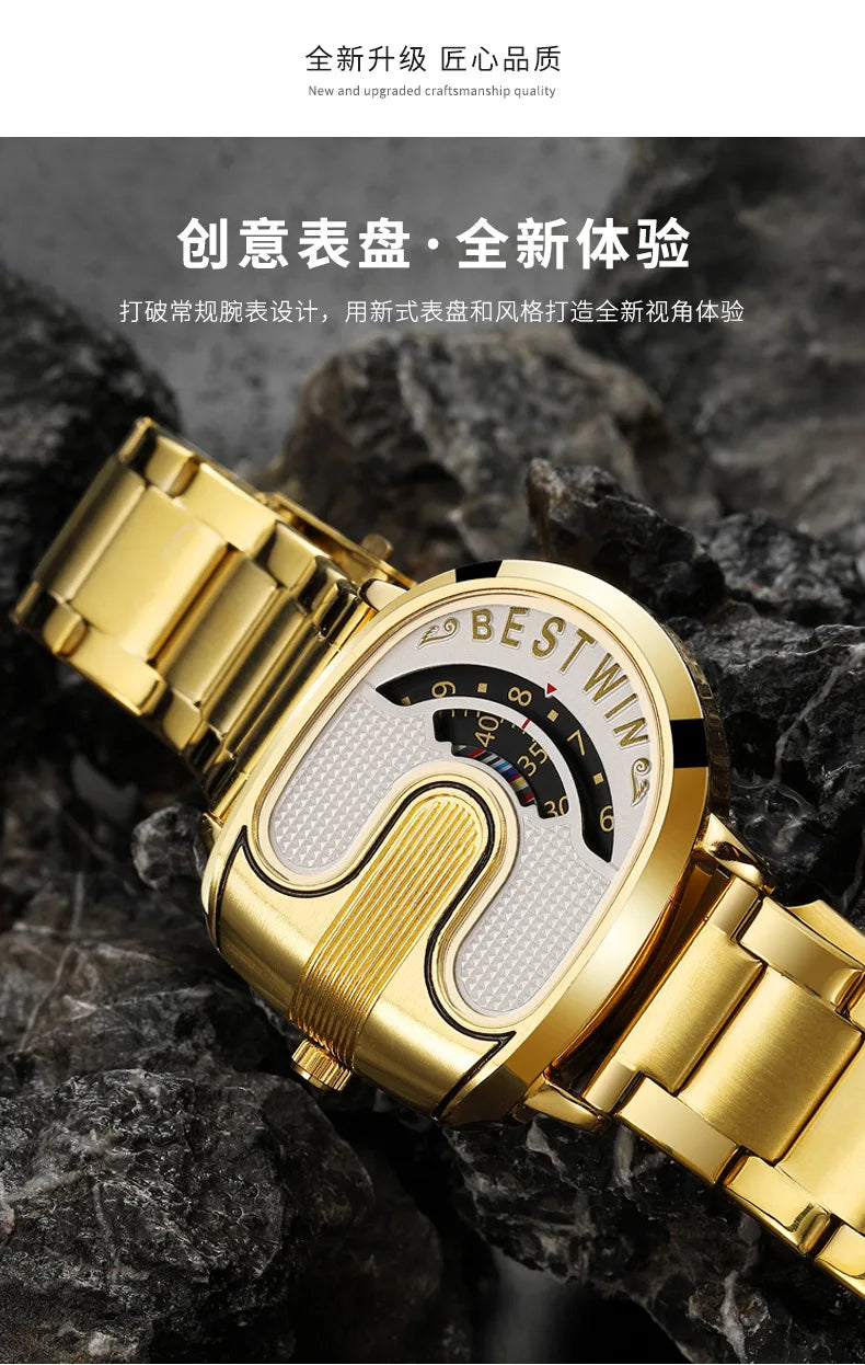 Gold Top Brand Luxury Men Watches Unique Design Stainless Steel Band Golden Dropship relogio masculino High Quality Male