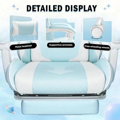 Ergonomic Swivel Gaming Chair with Lumbar Massage, Adjustable Height, and Ottoman (Light Blue)