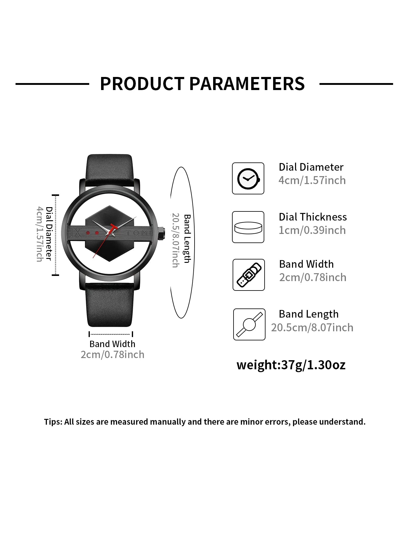 TOMI Fashionable and Minimalist Men's Leather Watch Strap Personalized Hollow Perspective Glass Bottom Cover Quartz Watch
