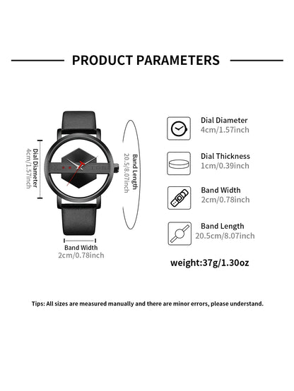 TOMI Fashionable and Minimalist Men's Leather Watch Strap Personalized Hollow Perspective Glass Bottom Cover Quartz Watch