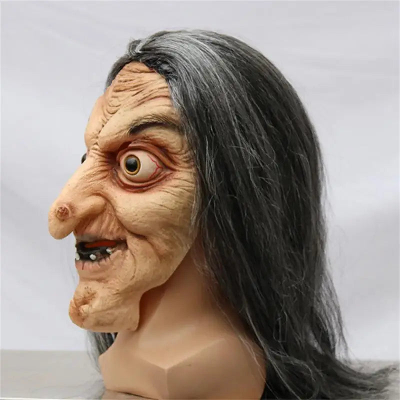 Halloween Horror Long Hair Witch Head Cover Old Man Mask Party Cosplay Haunted House Scary Props Adult Full Face Latex Headdress