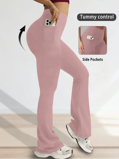Women Flare Leggings with Pockets High Waisted Super Soft Tummy Control No See Through Yoga Running Workout Home Casual