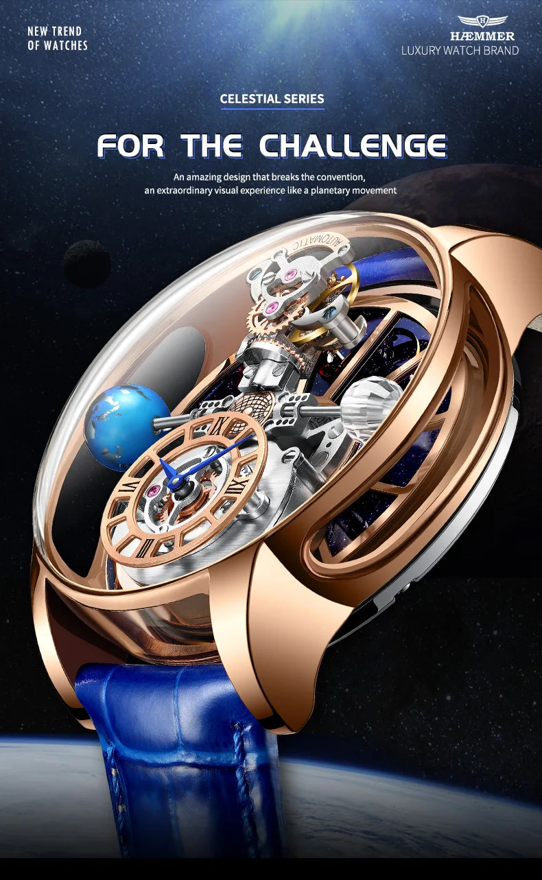 2024 HAEMMER Celestial Men's Watch Transparent Case Design Men's Leather Quartz Watch Time Adjustment Jacob Relogio Waterproof