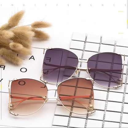 UV Protection Oversized Sunglasses Street Shooting Colorful Metal Hollowing Shades Trendy Pearl Design Sun Glasses