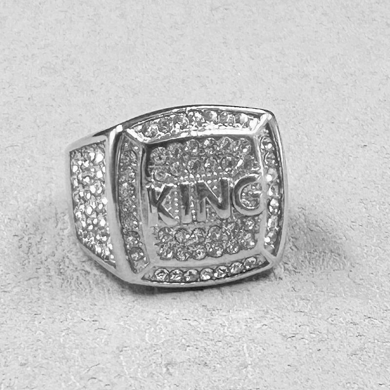 Hip Hop full rhinestone 316L Stainless Steel Gold color King Finger Rings for Men Rapper party Jewelry