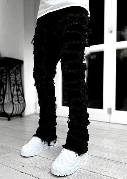 New Men's Fashion Jeans Work Pants, European and American Fashion Workwear Elastic Patchwork Denim Layered Flared Pants S-XXL