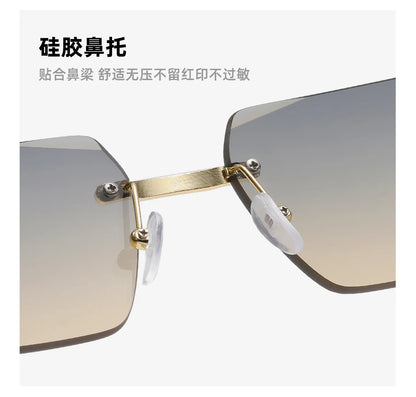Retro Rimless Square Sunglasses For Men Cut Edge UV400 Leopard Decorative Shades Gradient Lens Sun Glasses for Women